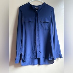 Vince. Silk Banded Collar Long Slv Button Up Blouse Navy Business Career 4